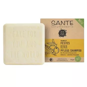 Твердый восстанавливающий шампунь для блеска и гладкости, веганская формула с органическим оливковым маслом и гороховым протеином, 75 мл, Sante Naturkosmetik