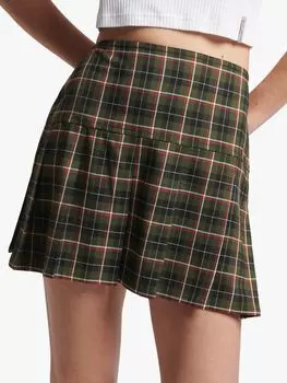Твидовая мини-юбка со складками Superdry Vintage, цвет хаки/оранжевая клетка