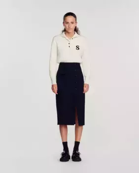 Твидовая юбка миди с разрезом Sandro, черный