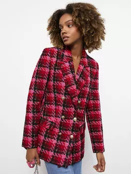 Твидовая Женская куртка в клетку с длинным рукавом LCW Casual