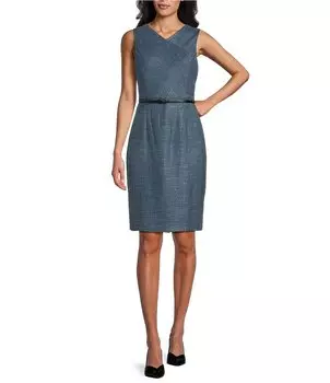 Твидовое платье-футляр Kasper без рукавов с поясом и V-образным вырезом, синий