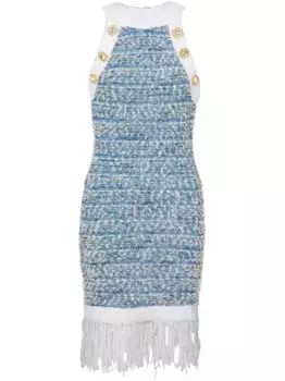 Твидовое платье мини с бахромой BALMAIN, синий