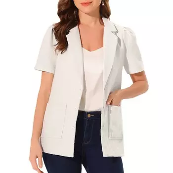 Твидовые блейзеры для женщин, деловой повседневный пиджак на пуговицах с воротником с лацканами и короткими рукавами ALLEGRA K, бежевый