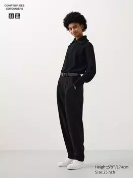 Твидовые плиссированные зауженные брюки длинные Uniqlo, черный