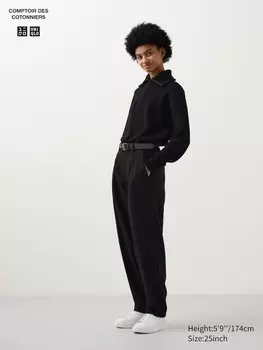 Твидовые плиссированные зауженные брюки длинные Uniqlo, цвет 09 черный
