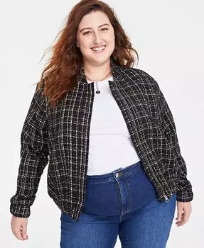 Твидовый бомбер больших размеров с эффектом металлик On 34th, черный