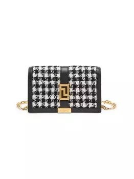 Твидовый кошелек на цепочке La Vacanza Greca с узором "гусиные лапки" Versace, черный