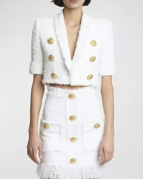 Твидовый пиджак Spencer с короткими рукавами на 6 пуговицах Balmain, цвет White
