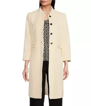 Твидовый пиджак-топпер Anne Klein с воротником-стойкой и рукавами 3/4, карманами и пуговицами спереди, слоновая кость