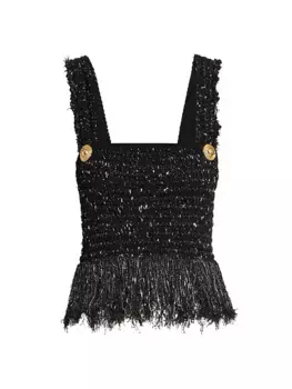 Твидовый топ с бахромой, расшитый пайетками Balmain, цвет black gold