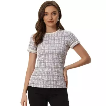 Твидовый топ с короткими рукавами для женщин, повседневная блузка с круглым вырезом и жемчужным украшением ALLEGRA K, цвет Apricot