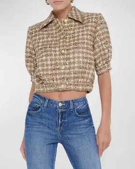 Твидовый укороченный пиджак Cove с короткими рукавами L'Agence, цвет Dk Cappuccinogld Mlt Tweed