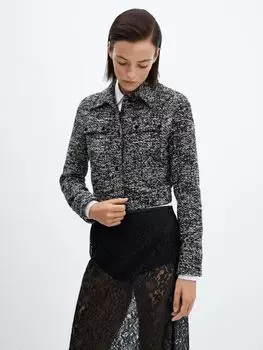 Твидовый укороченный жакет с воротником Mango, черно-белый