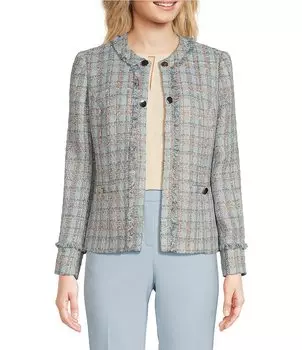 Твидовый жакет Anne Klein с длинными рукавами и бахромой с круглым вырезом и накладными карманами, синий