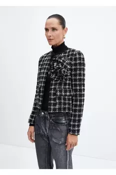 Твидовый жакет макси с цветочным принтом Mango, черный