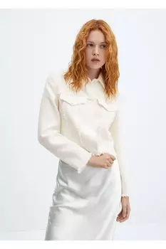 Твидовый жакет с кисточками, прошитый Mango, экрю