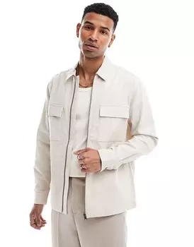 Твиловая рубашка на молнии цвета экрю ASOS DESIGN