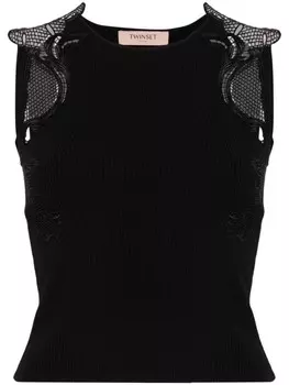 TWINSET топ в рубчик с кружевом, черный
