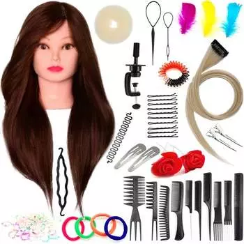 Учебная головка Ela 65 см, коричневая, натуральные волосы + ручка, парикмахерская насадка для расчесывания, насадка для упражнений Calissimo