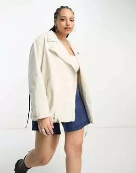 Удлиненная байкерская куртка из стираного хлопка цвета экрю ASOS DESIGN Curve