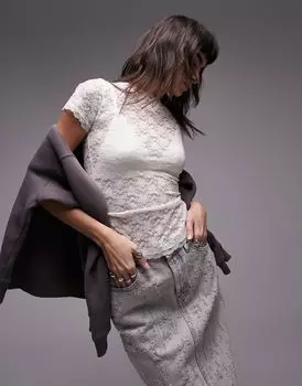 Удлиненная кружевная футболка Topshop цвета экрю