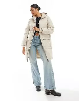 Удлиненная куртка-пуховик с капюшоном серебристо-серого цвета Object