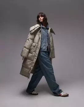Удлиненная куртка-пуховик с воротником-стойкой в каменном цвете Topshop