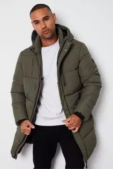 Удлиненная куртка-пуховик 'Strike' с защитой от дождя и капюшоном Threadbare, хаки