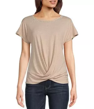 Удлиненная рубашка с круглым вырезом и короткими рукавами, декорированная демократией, с перекрученным краем Democracy, бежевый