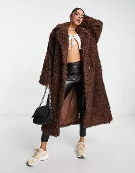 Удлиненная шуба из искусственного меха ASYOU шоколадного цвета