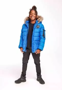 Удлиненная стеганая куртка с меховой отделкой на капюшоне Minoti, синий