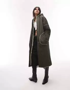 Удлиненная стеганая парка с капюшоном и двойной планкой Topshop цвета хаки