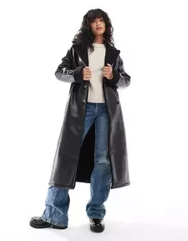 Удлиненное пальто-авиатор с отделкой из борга черного цвета Threadbare