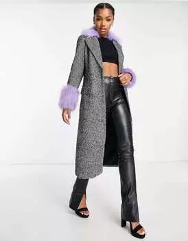Удлиненное пальто Miss Selfridge с воротником из искусственного меха и плечами в елочку