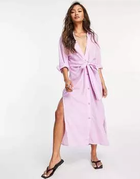Удлиненное платье-рубашка с завязкой спереди River Island сиреневого цвета