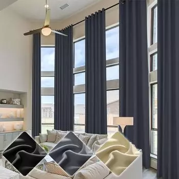 Удлиненные тепловые затемняющие шторы, защита от солнца, занавеска с высоким потолком для высокой гостиной, декоративные шторы с люверсами, 2 шт., 132 x 548 см, черные Koheim, серый