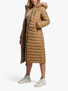 Удлиненный легкий пуховик с капюшоном из искусственного меха Superdry, Песчаник