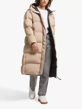 Удлиненный пуховик с капюшоном Superdry, бежевый шейкер