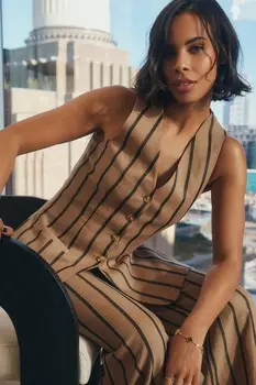 Удлиненный смесовый жилет в полоску Next, коричневый