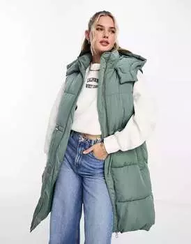Удлиненный утепленный жилет с капюшоном Pull&Bear цвета хаки