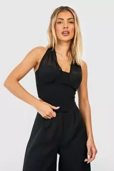 Удлинный корсетовый топ с сеточным поворотом на плечах Boohoo, черный