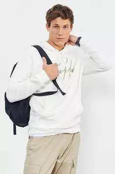 Удобная мужская толстовка с капюшоном цвета экрю с рукописной вышивкой TOMMYLIFE