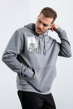 Удобная мужская толстовка с капюшоном и принтом серого меланжевого цвета TOMMYLIFE, серый