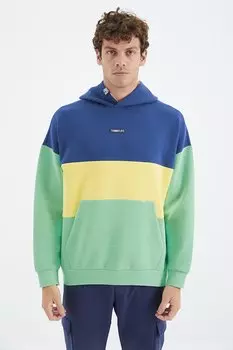 Удобная мужская толстовка водного зеленого цвета с капюшоном и цветными блоками TOMMYLIFE