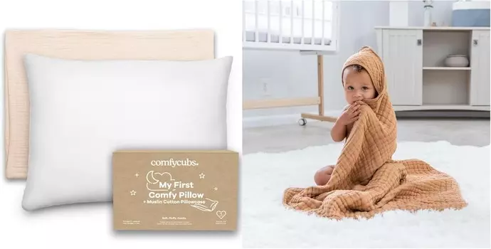 Удобная подушка для малышей Cubs с мягкой муслиновой наволочкой и муслиновым хлопковым полотенцем с капюшоном для детей Comfy Cubs