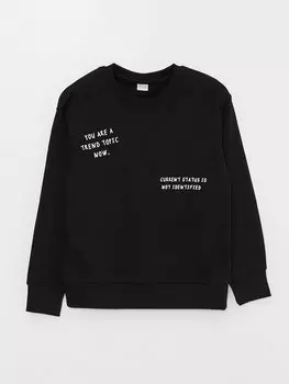 Удобная толстовка для мальчика с круглым вырезом и принтом LCW Kids, новый черный