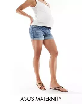 Удобные шорты для мам из синего денима средней стирки ASOS DESIGN Maternity