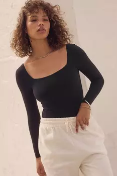 Удобный сглаживающий боди с квадратным вырезом и длинными рукавами Self., черный