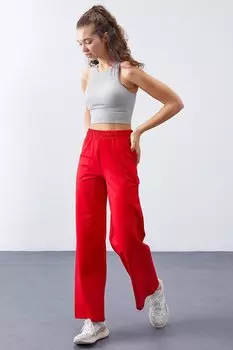 Удобный широкий женский спортивный костюм красного цвета с карманами и высокой талией TOMMYLIFE