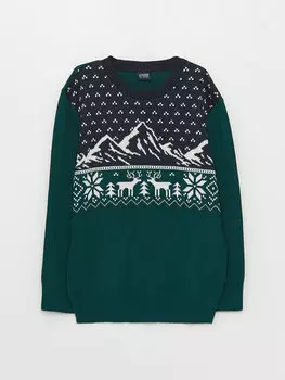 Удобный трикотажный свитер для мальчика с круглым вырезом и рисунком LCW Kids, темно-зеленый